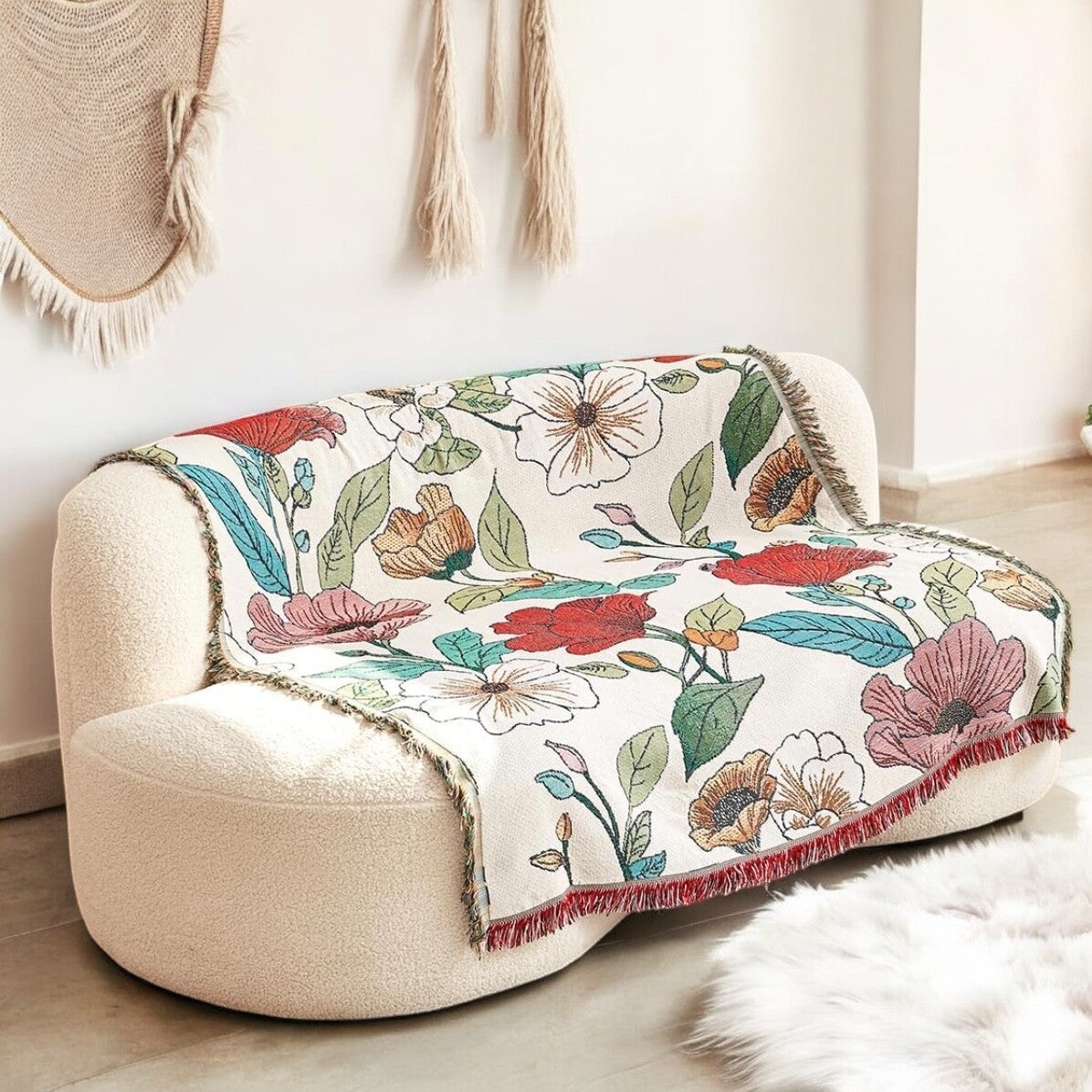 NEW Anthropologie Boho Bird Floral Tassel Throw Blanket Bedspread Quilt 50 x 70