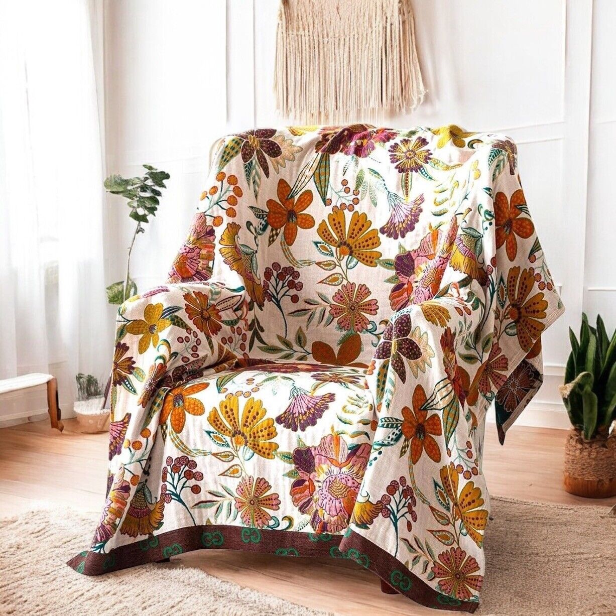 New Anthropologie Boho Floral Reversible Throw Blanket Bedspread Quilt 80" x 60"