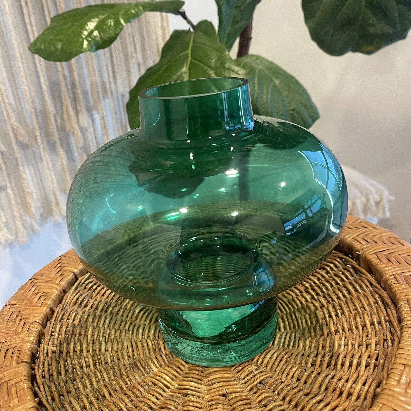 New Anthropologie Large Boho Art Deco Green Glass Decorative Art Flower Vase