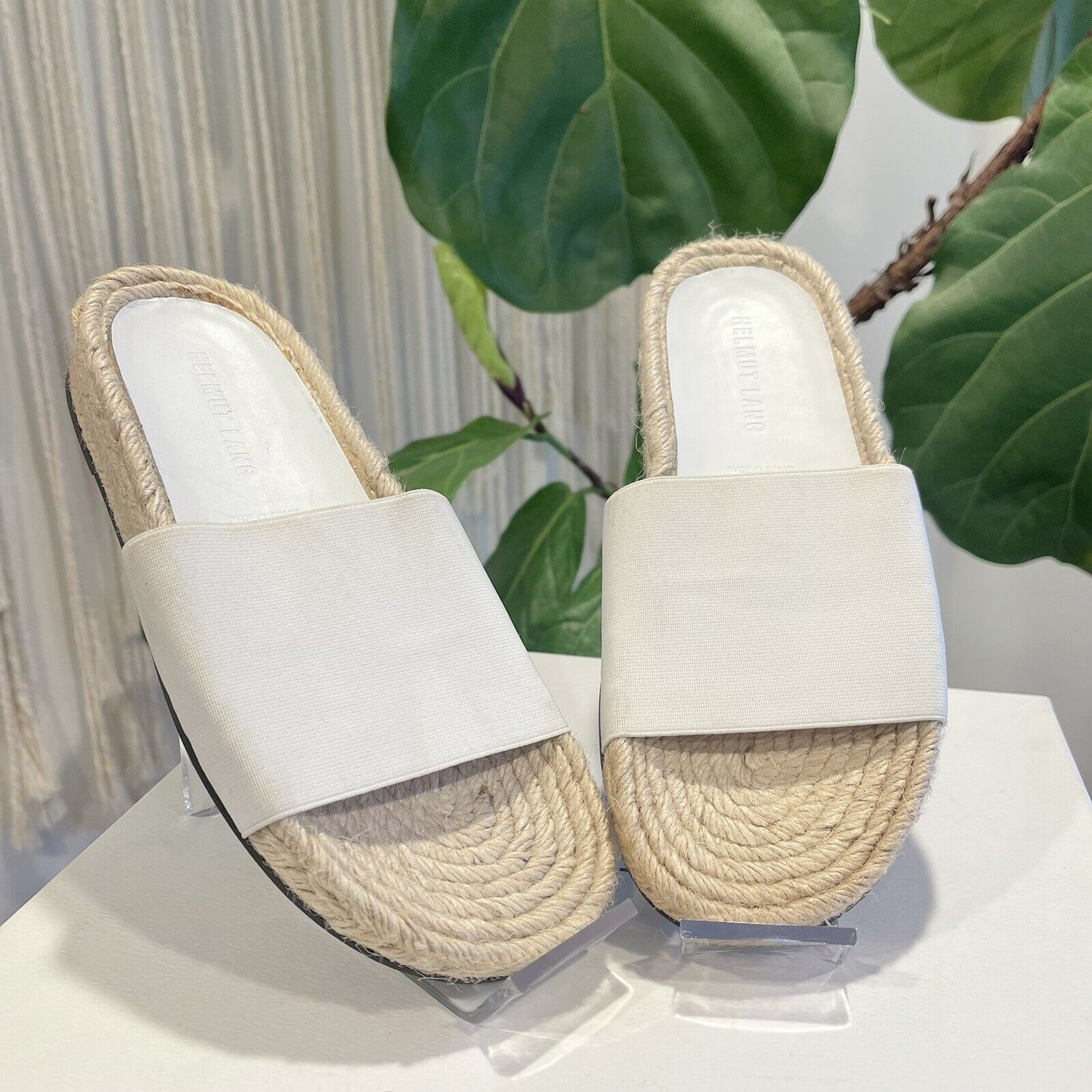 NEW Helmut Lang White Stretch Fabric Espadrille Flat Sandals Shoes - Size 6 / 36