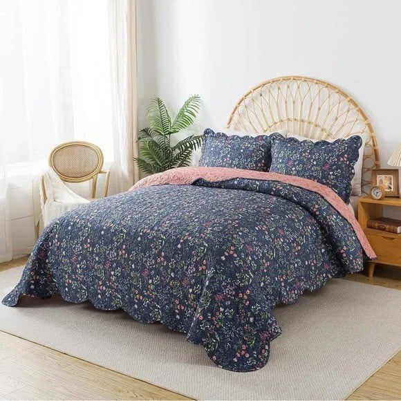 NEW Anthro Blue Floral Queen King Boho Quilt Bedding Bedspread Duvet & Sham Set
