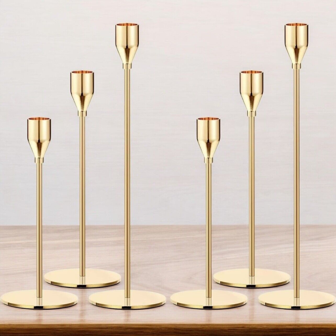 New West Elm (Set of 3) Gold Retro Boho Tapered Candle Candlestick Holders - 13"