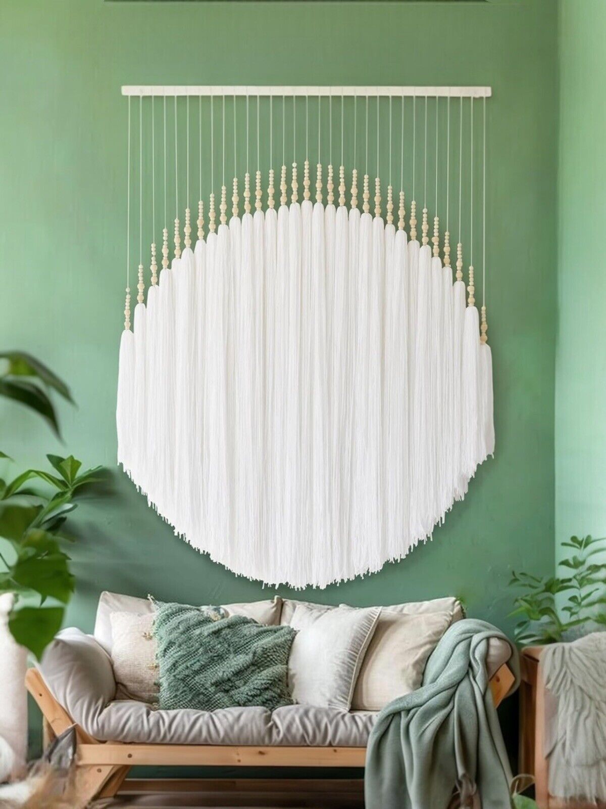 NEW Anthropologie Large Boho White Tassel Tapestry Round Beaded Wall Hanging 55"