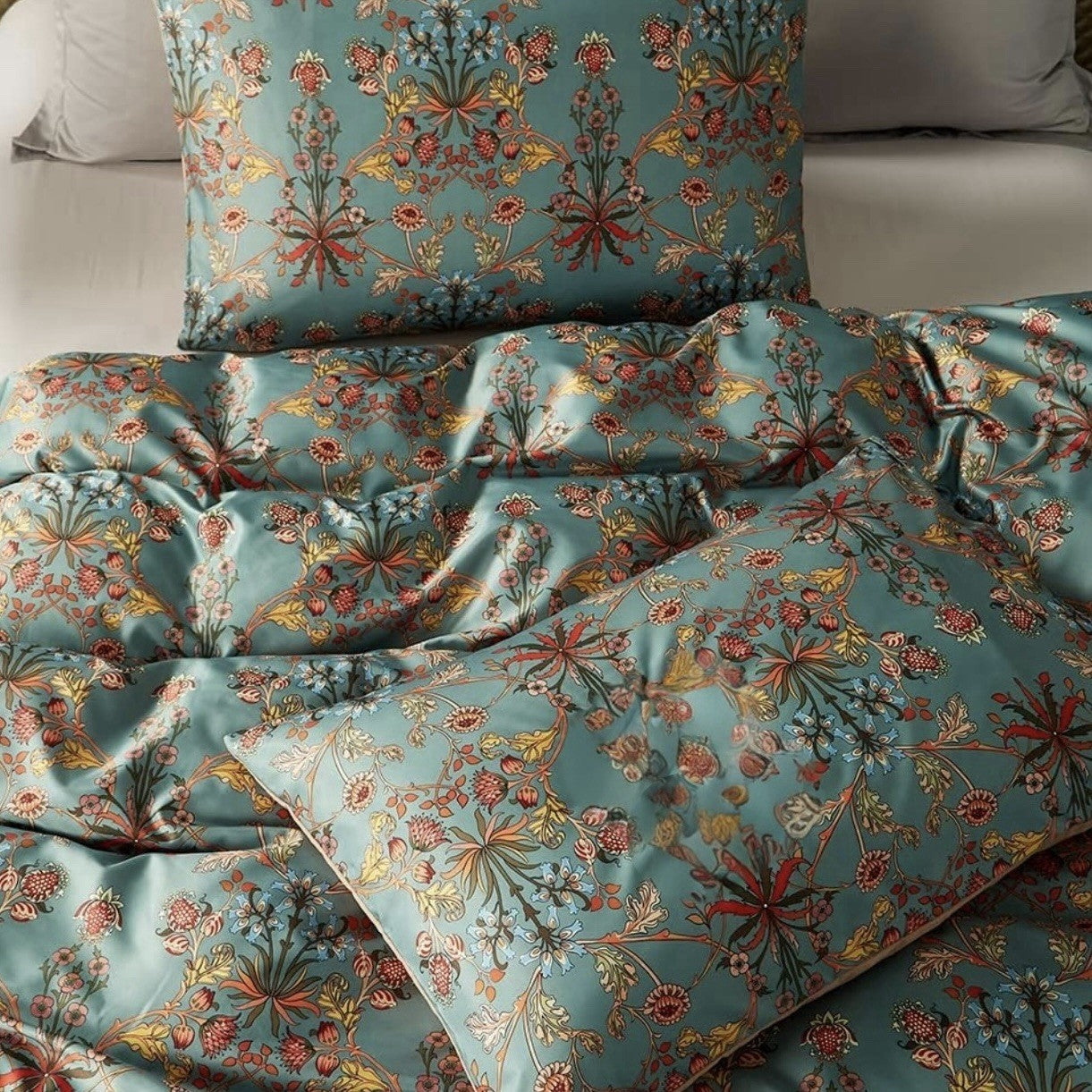 NEW Anthro Blue Orange Boho Floral Queen / King Bedding Duvet & Sham Case Set