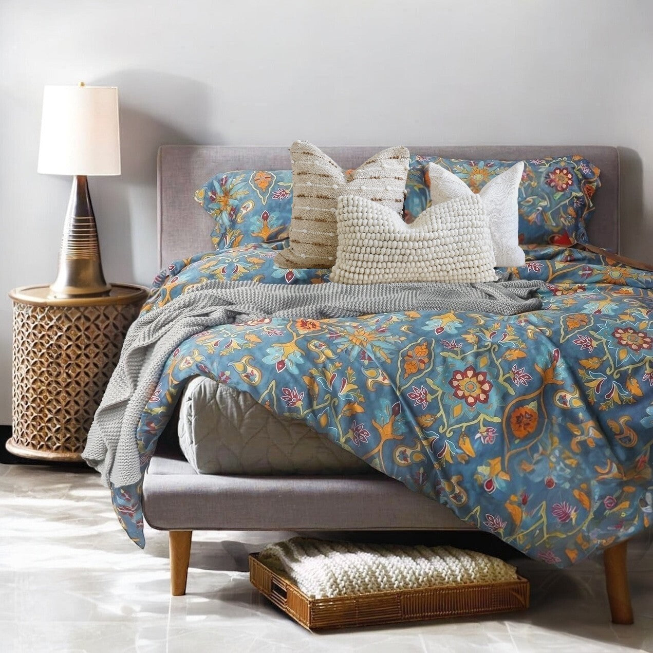 NEW Anthro Blue Damask Boho Queen King Egyptian Cotton Bedding Duvet & Sham Set