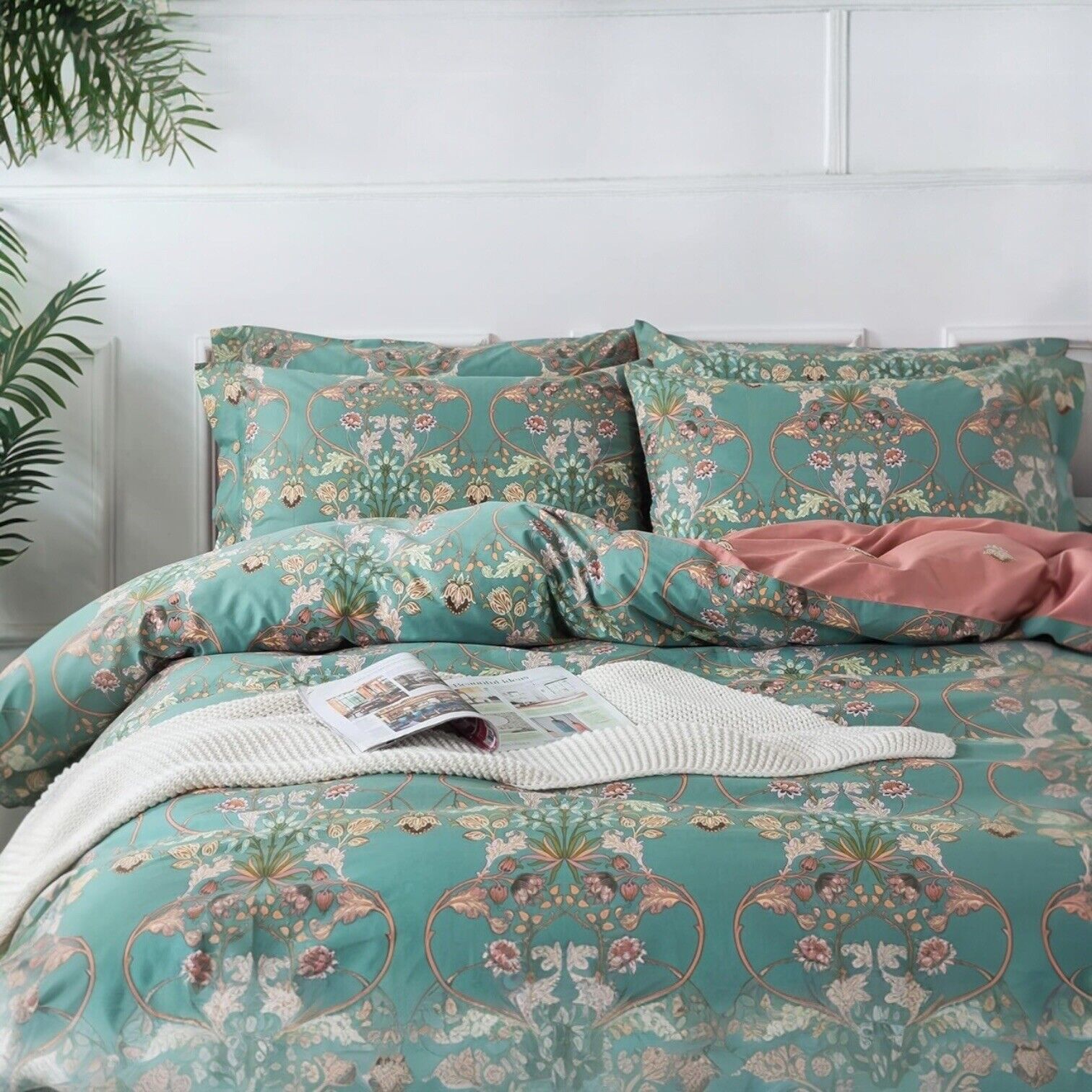 NEW Anthropologie Green Floral King Size Boho Comforter Bedding Sham Case Set