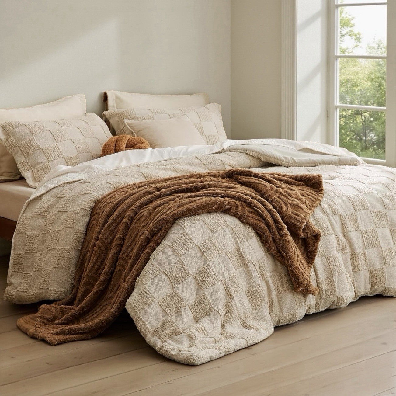 NEW West Elm Beige Checkered Tufted Queen / King Bedding Comforter & Sham Set