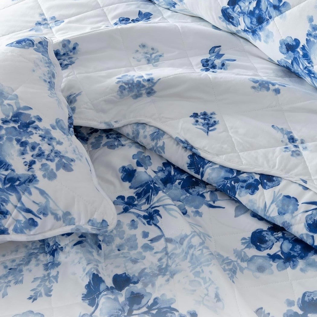 NEW Anthro Blue & White Boho Knit Floral Queen / King Bedding Quilt & Sham Set