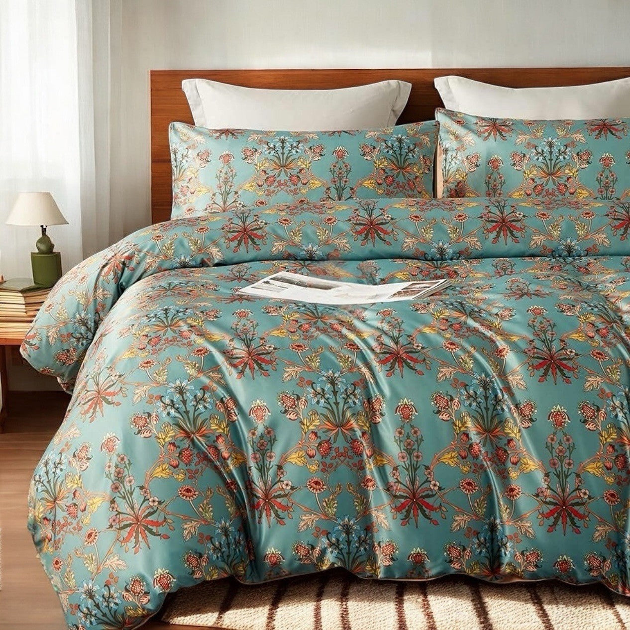 NEW Anthro Blue Orange Boho Floral Queen / King Bedding Duvet & Sham Case Set