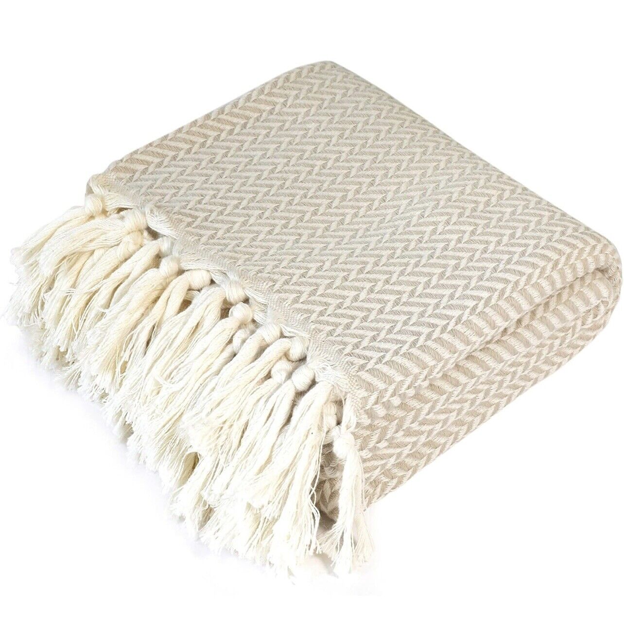 NEW West Elm Boho Beige White Turkish Cotton Tassel Throw Blanket - 60" x 50"