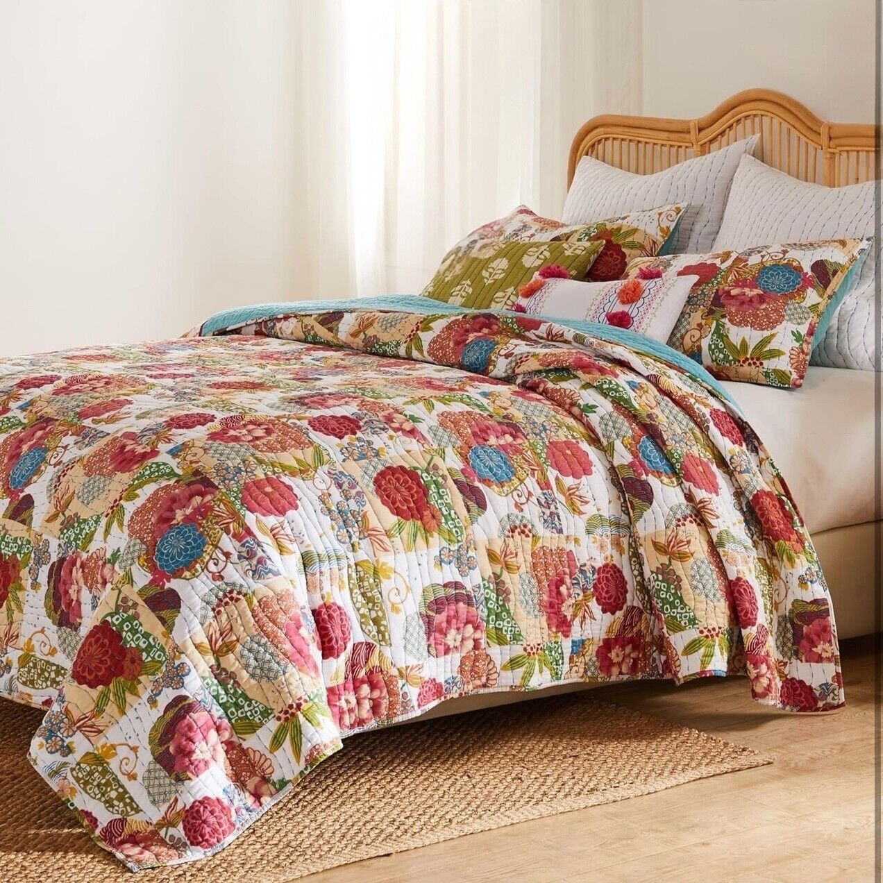 NEW Anthropologie Multicolor Floral Boho Queen Quilt Bedspread Bedding Sham Set