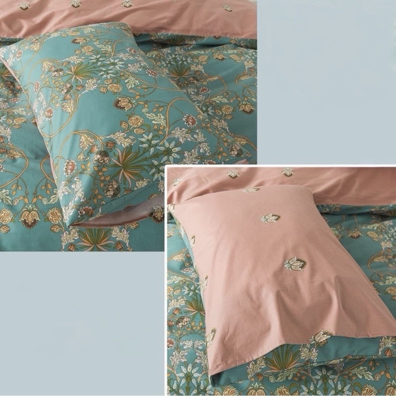 NEW Anthro Teal Reversible Cotton Floral Queen King Boho Duvet Bedding Sham Set