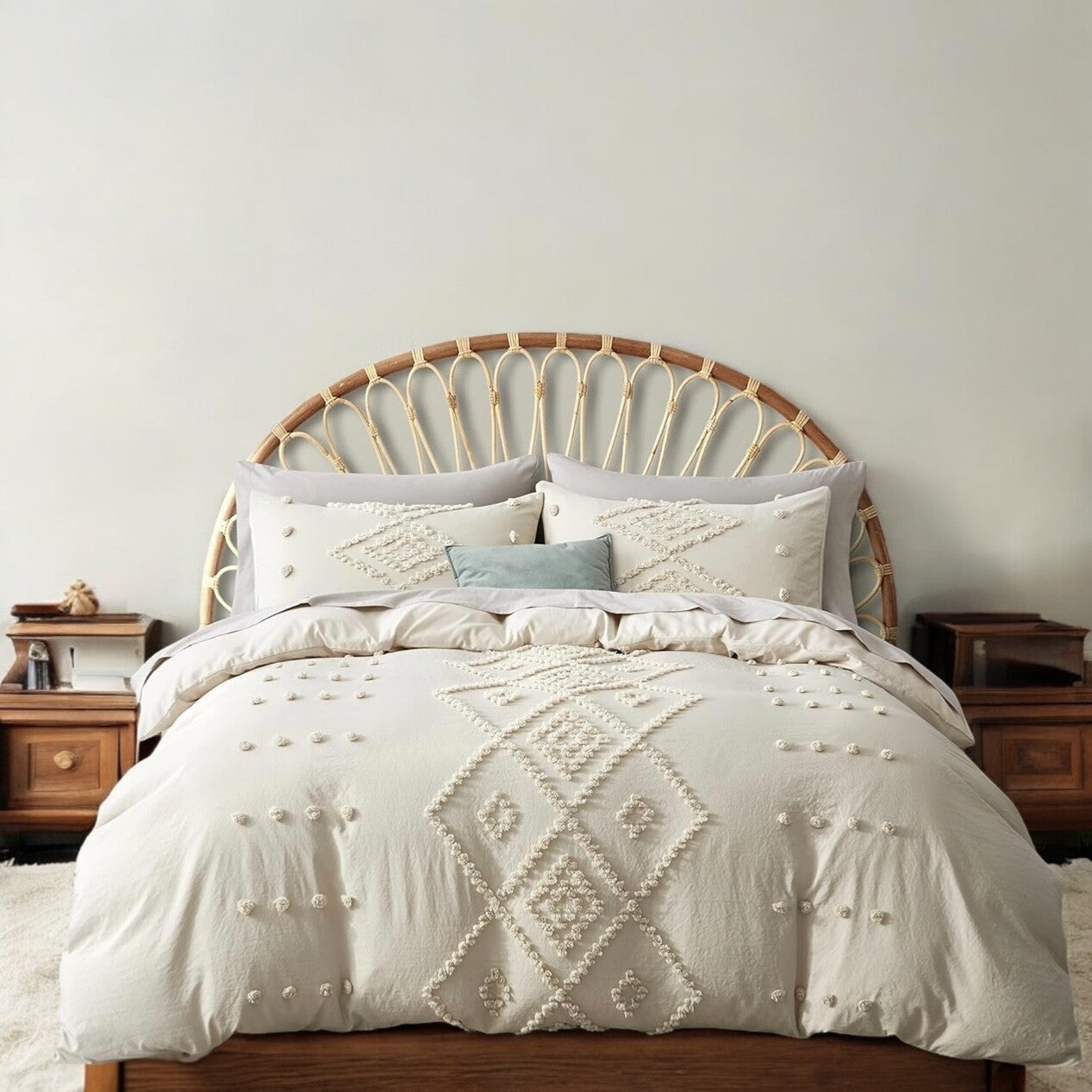 NEW Cream Boho King Size Retro Fringe Tassel Bedding Duvet Blanket & Sham Set