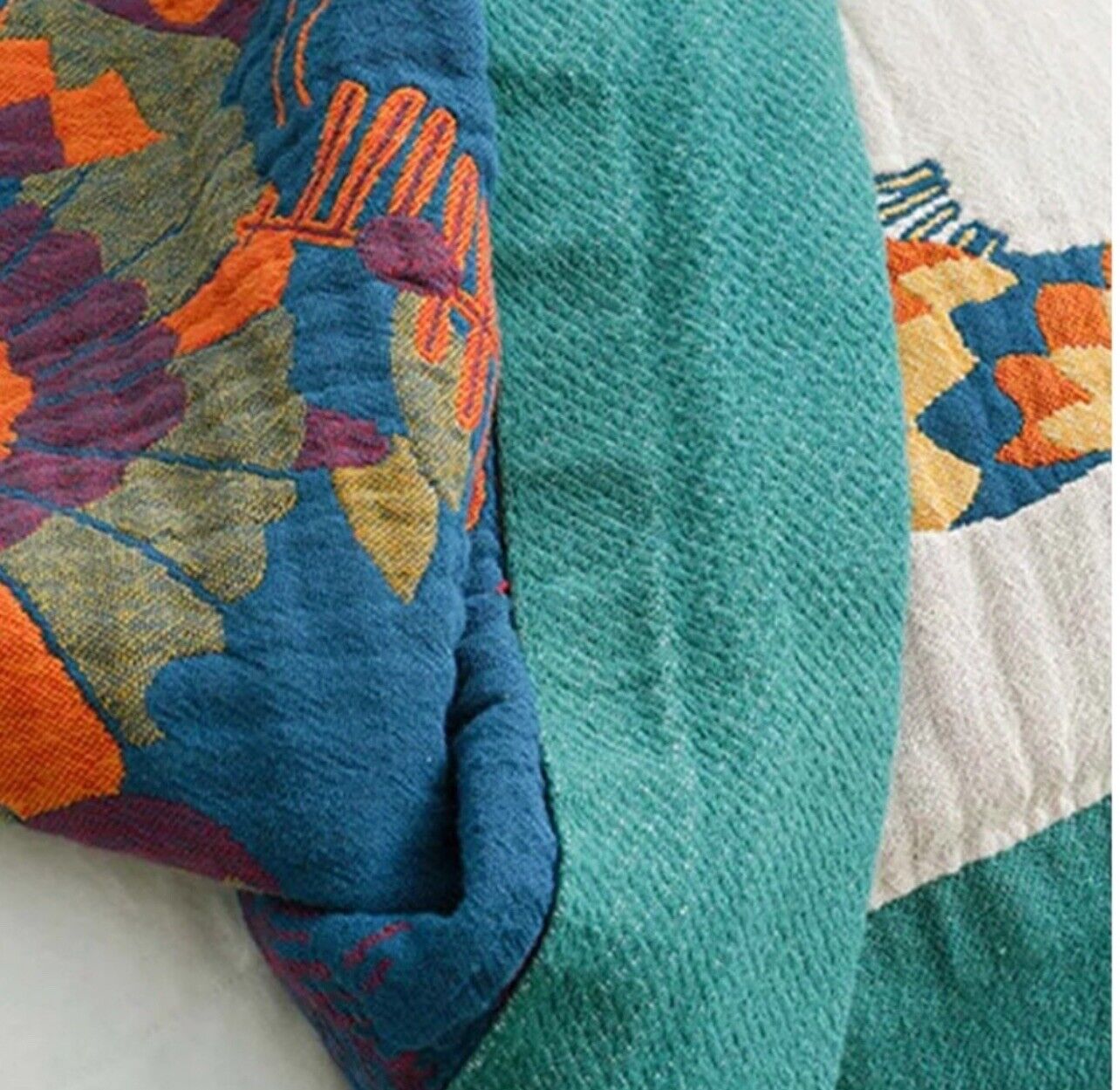 NEW Anthropologie Boho Bird Orange Blue Throw Blanket Bedspread Quilt 80" x 90"