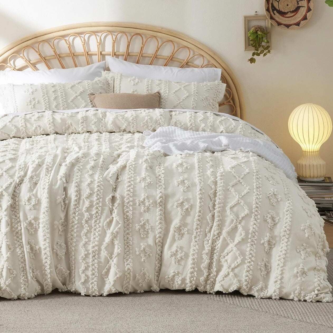 NEW Anthropologie Beige Boho Queen Size Tufted Fringe Bedding Duvet & Sham Set