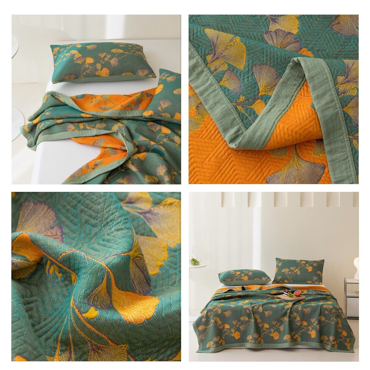 NEW Anthropologie Teal Orange Reversible Queen / King Bedspread Blanket Sham Set