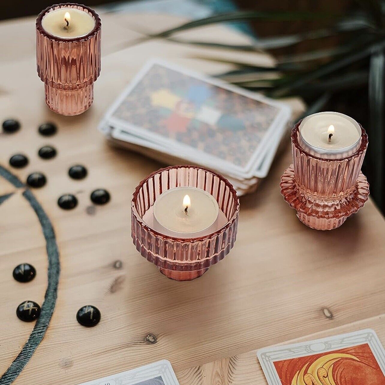 NEW Anthropologie (Set of 3) Boho Pink Glass Tapered Pillar Candlestick Holders