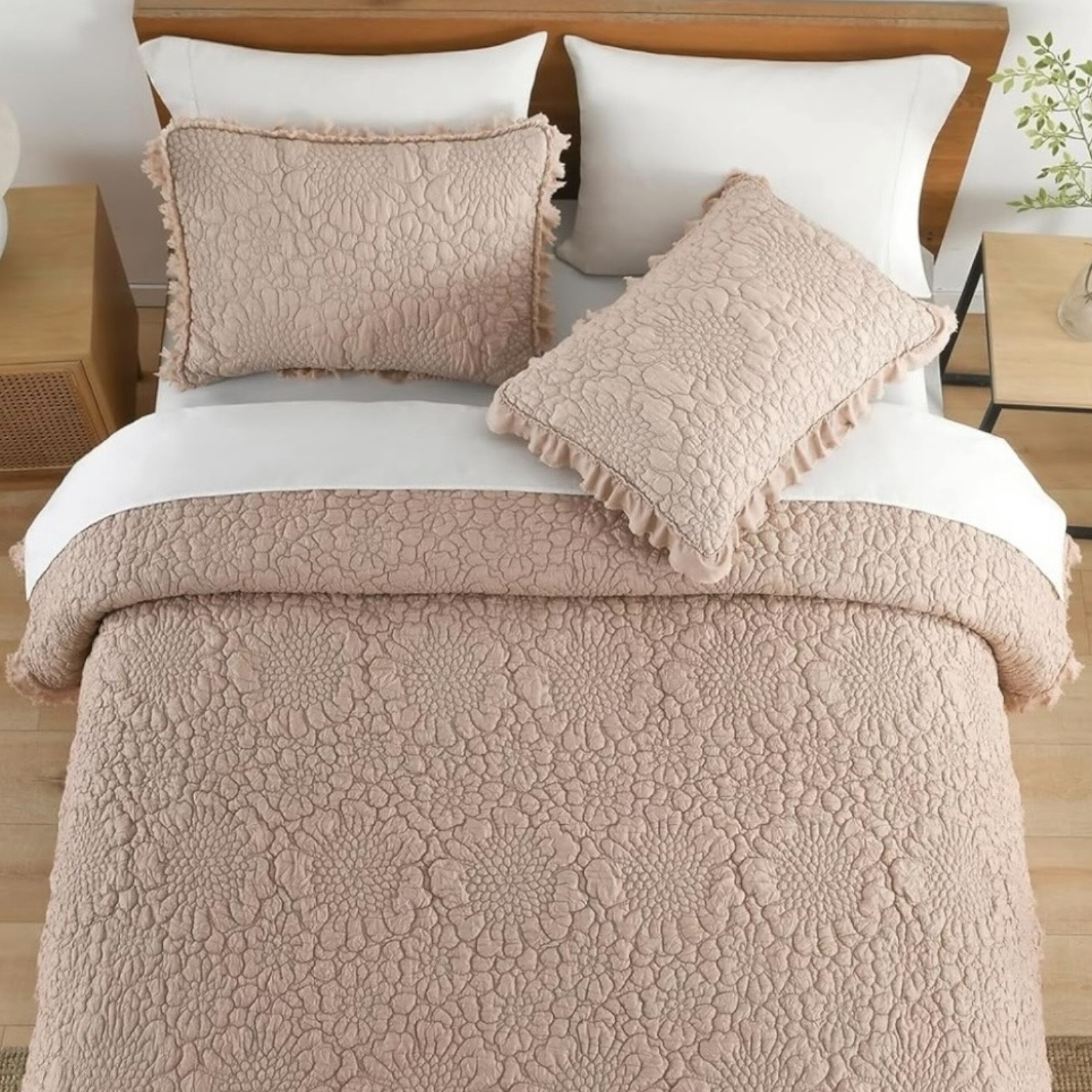 NEW Anthro Dusty Pink Boho Ruffle Crinkle Queen / King Bedding Quilt & Sham Set