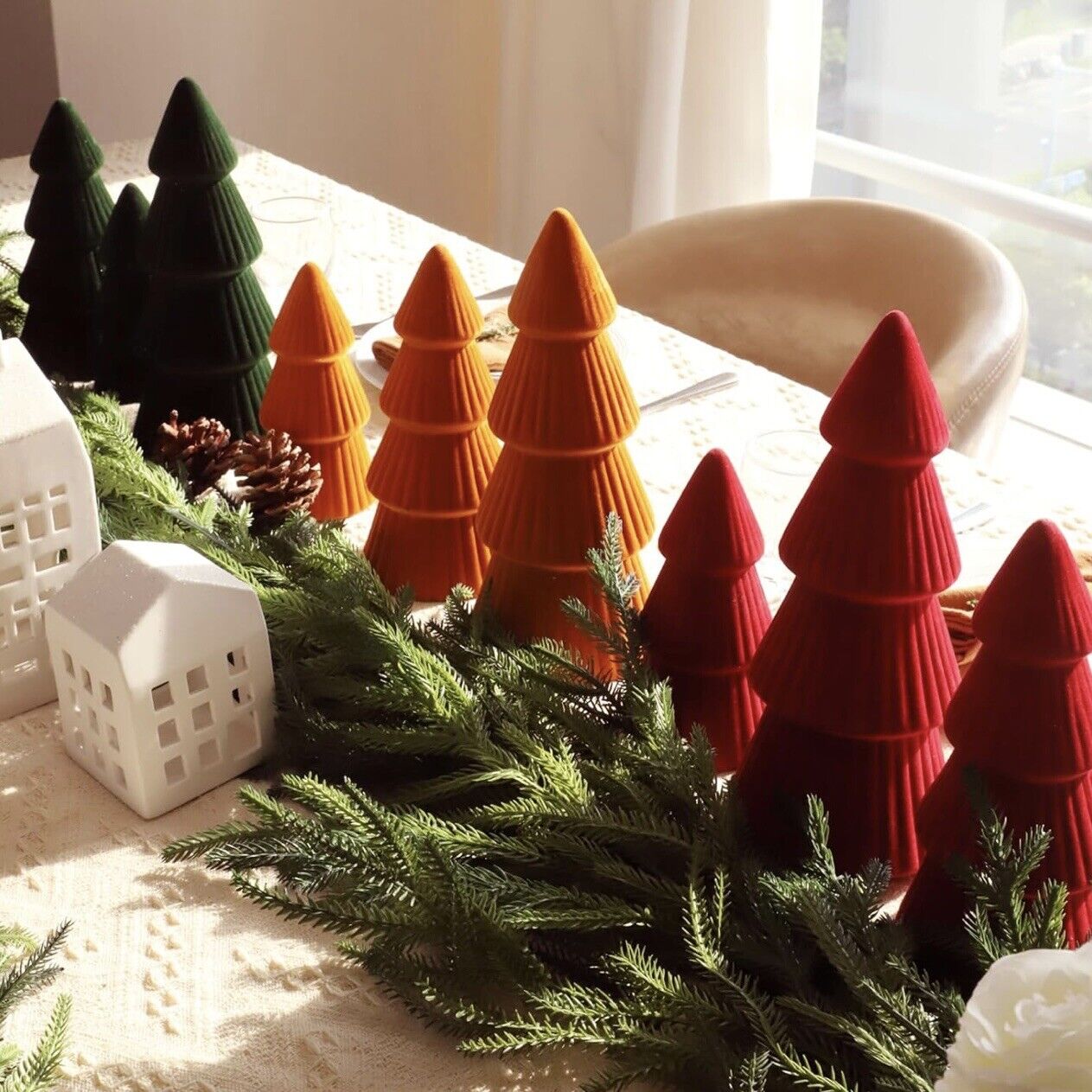 NEW Pottery Barn Orange Boho Velvet Christmas Tree Set / 3 Holiday Mantle Decor