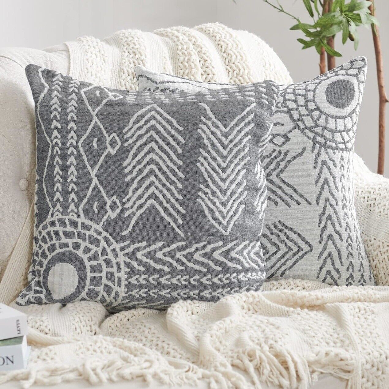 New Anthropologie Set/2 Gray Boho Abstract Throw Pillow Cover Case Sham 18 x 18