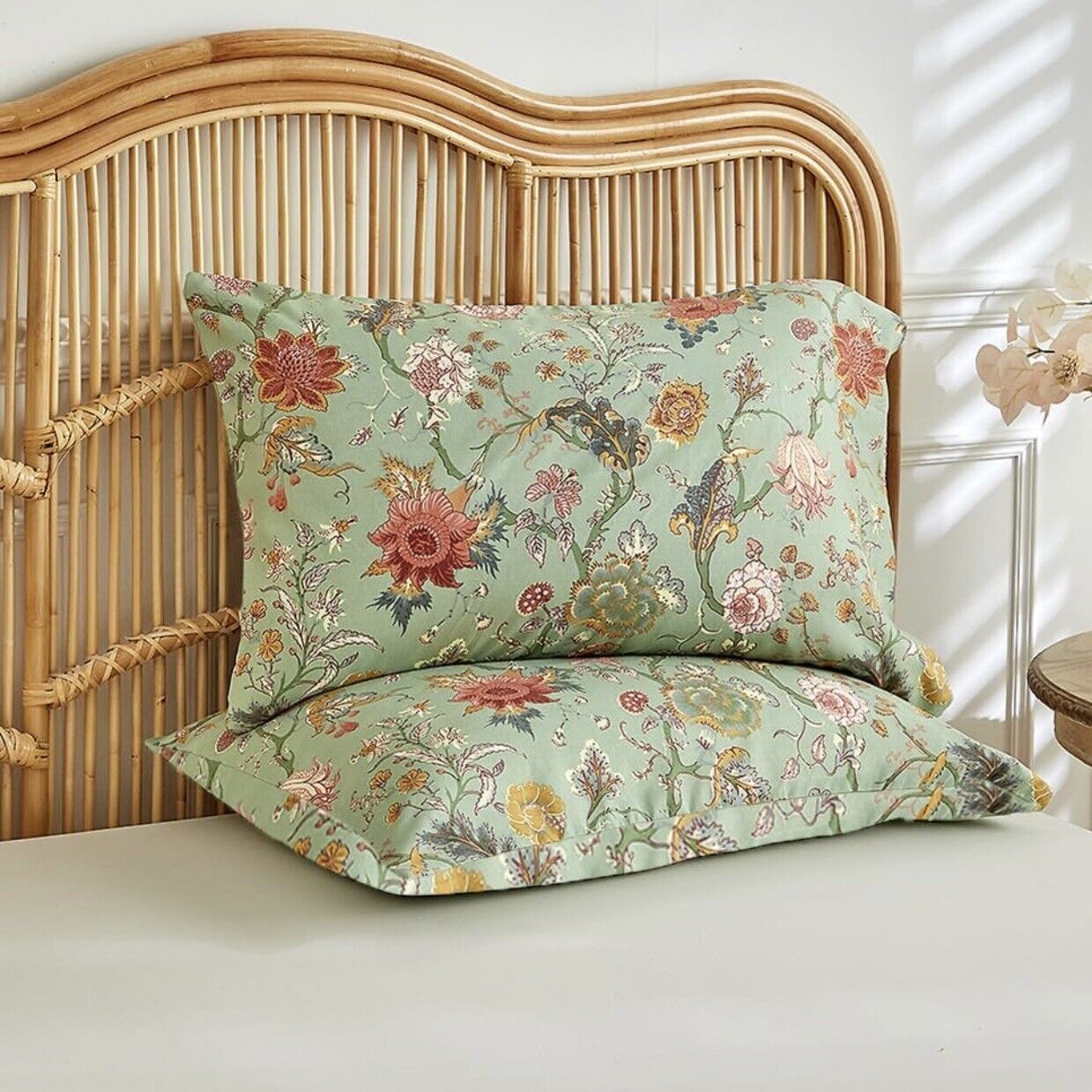 NEW Anthropologie Green Floral Queen Size Boho Comforter Bedding Sham Case Set