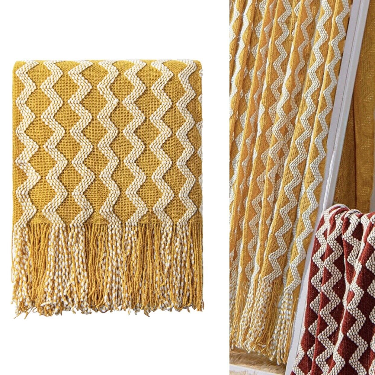 NEW Anthropologie Yellow Boho Tassel Chunky Knit Woven Throw Blanket - 50" x 68"