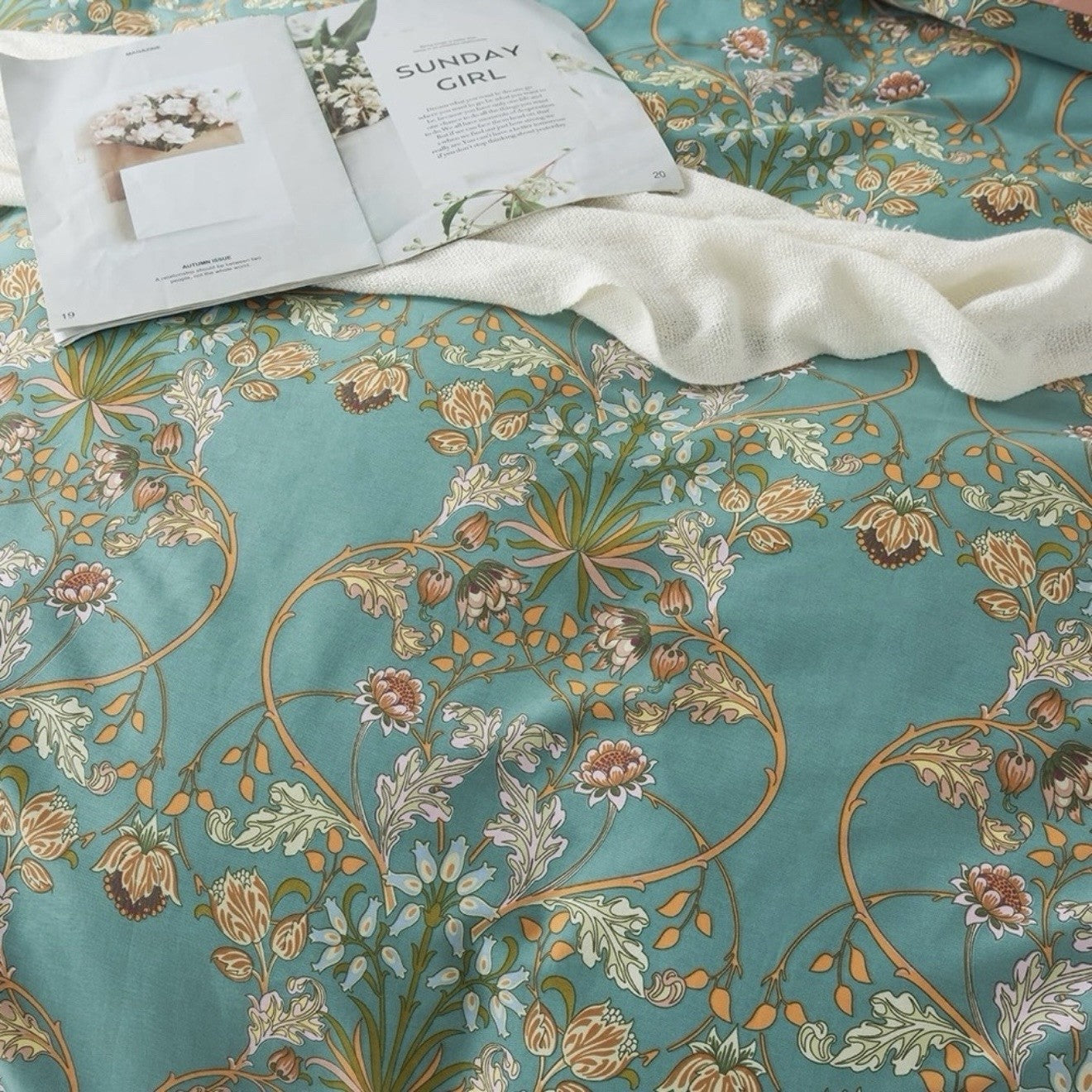 NEW Anthro Teal Reversible Cotton Floral Queen King Boho Duvet Bedding Sham Set