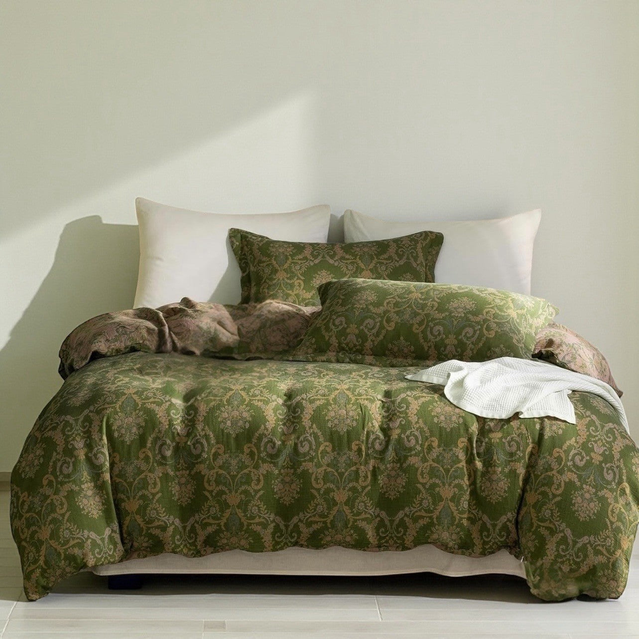 NEW Anthropologie Green Linen Reversible Queen / King Bedding Duvet & Sham Set