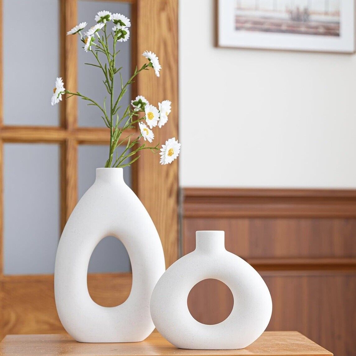 NEW West Elm (Set 2) Large White Abstract Boho Ceramic Boho Flower Vase Vases