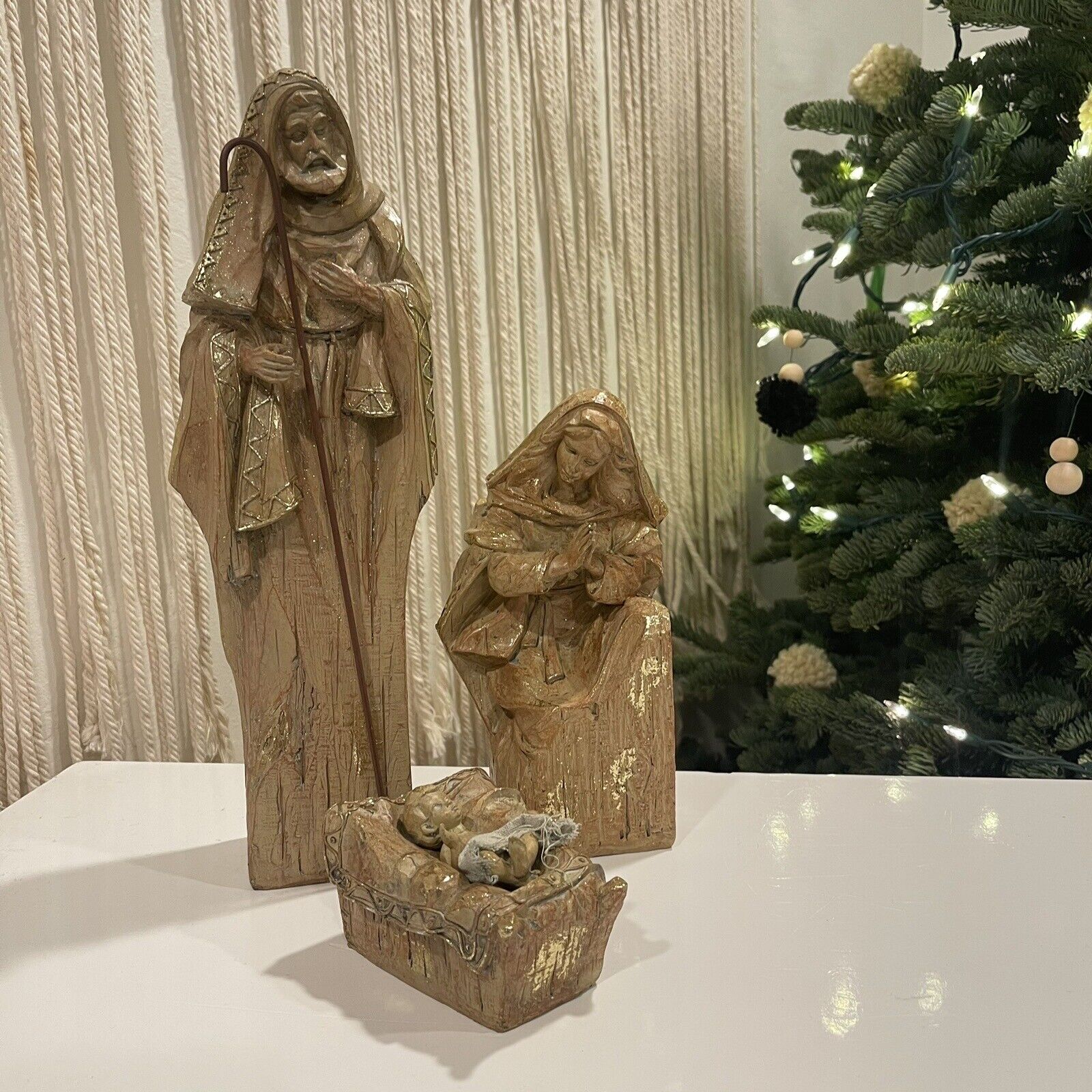 New XL Hand Carved Wooden & Gold Christmas Nativity Statue Figurine Holiday Set