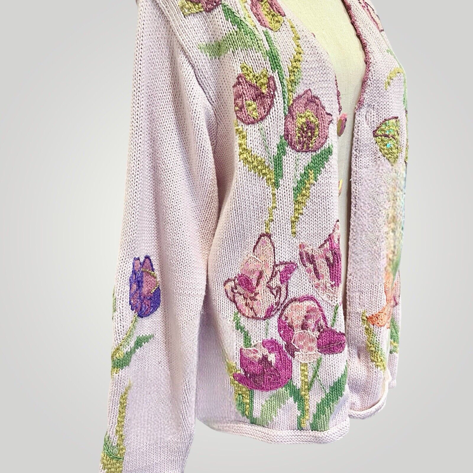 Vintage Storybook Knits Pink Floral Embroidered Sequin Sweater Cardigan - Large