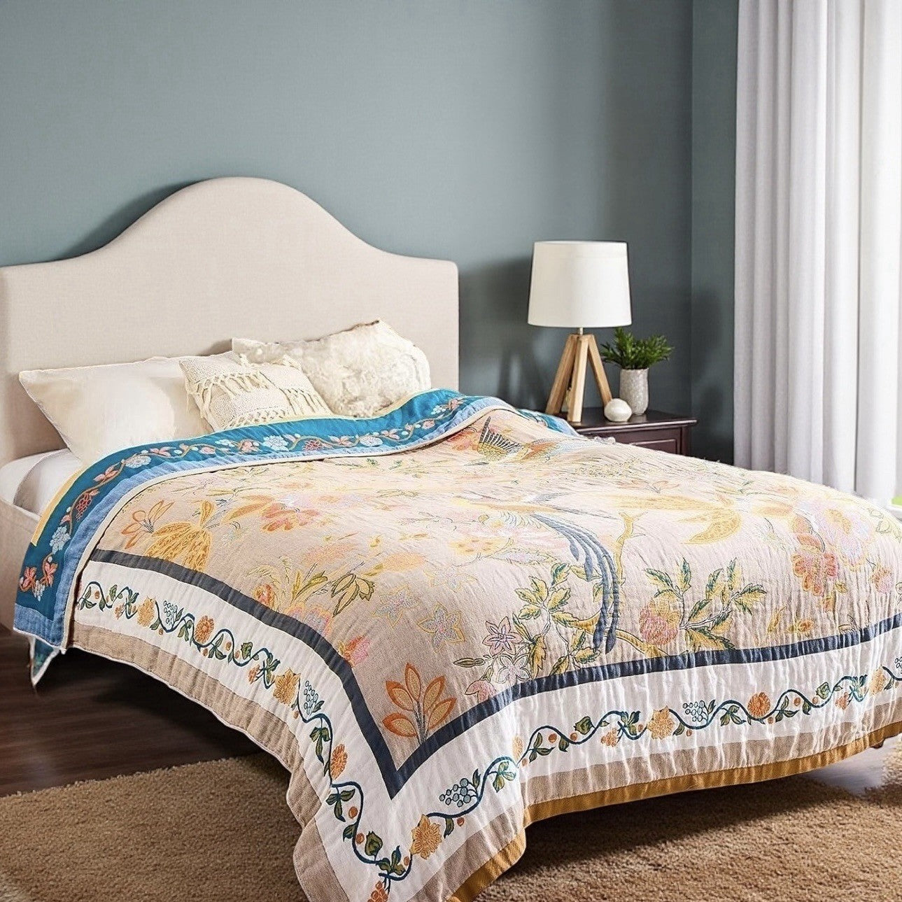 NEW Anthro XL Reversible Boho Bird Multicolor Queen / King Size Bedspread Quilt