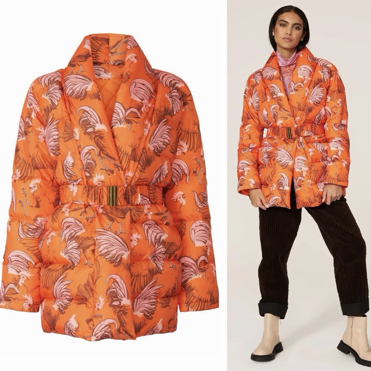 Rachel Antonoff Orange Floral Toni Printed Puffer Coat Ski Jacket - Large / XL