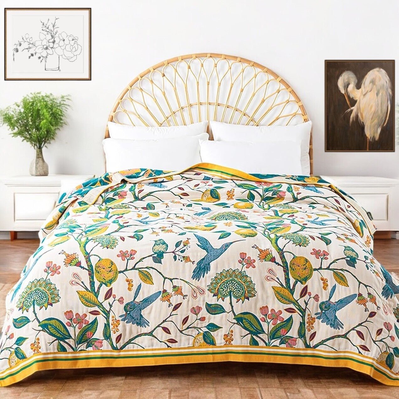 NEW Anthro XL Boho Bird Orange Blue Throw Blanket Bedspread Quilt 80" x 90"