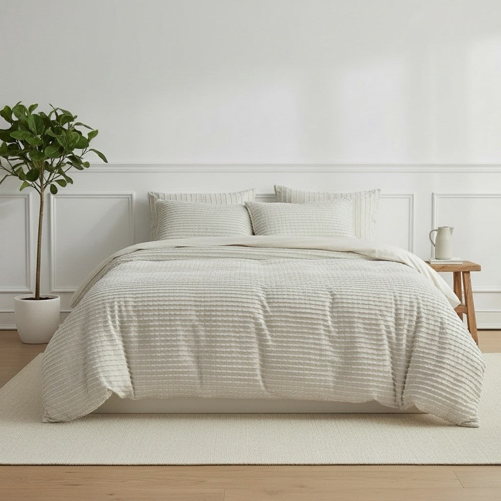 NEW Anthropologie Beige Boho King Size Tufted Fringe Bedding Duvet & Sham Set