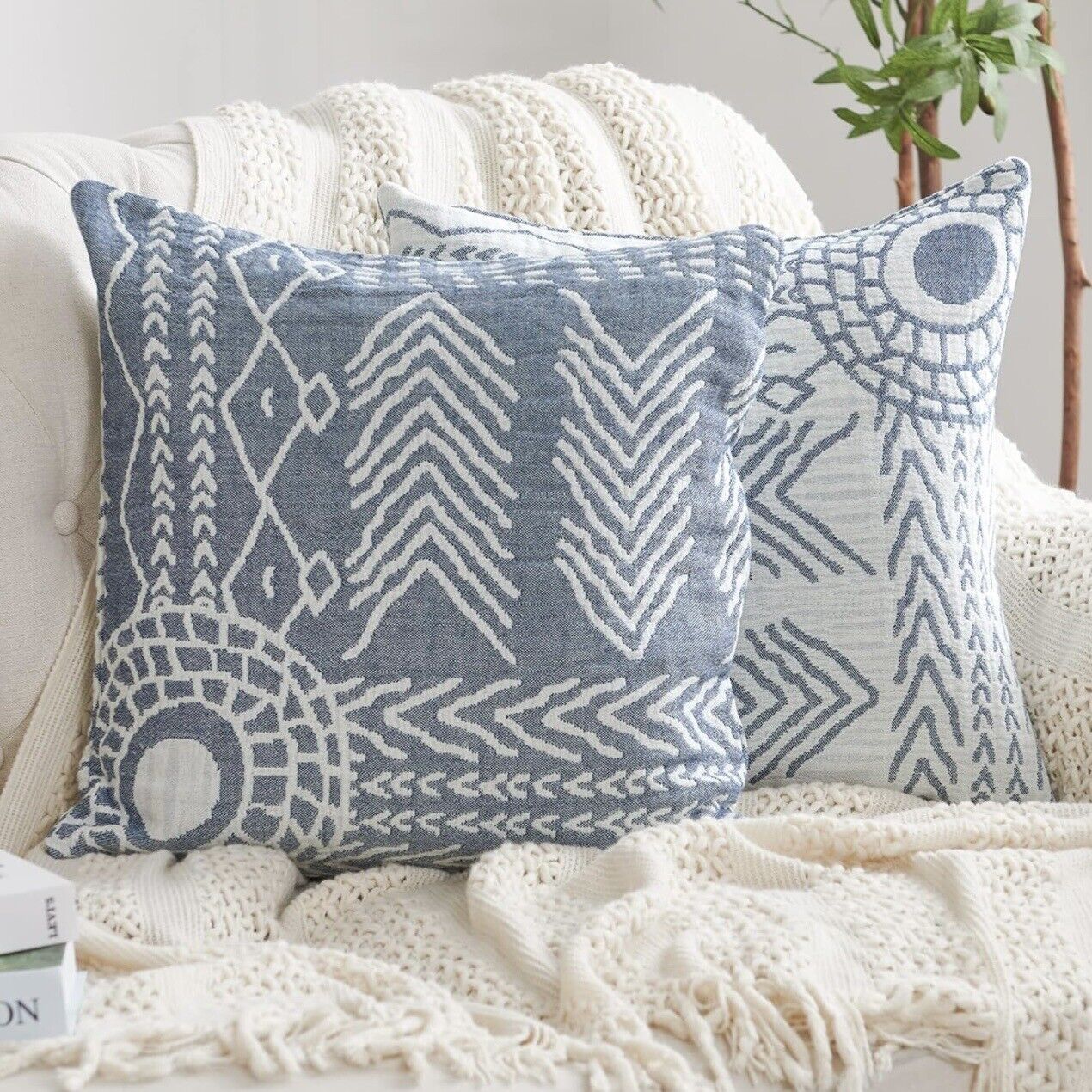 New Anthropologie Set/2 Blue Boho Abstract Throw Pillow Cover Case Sham 18 x 18