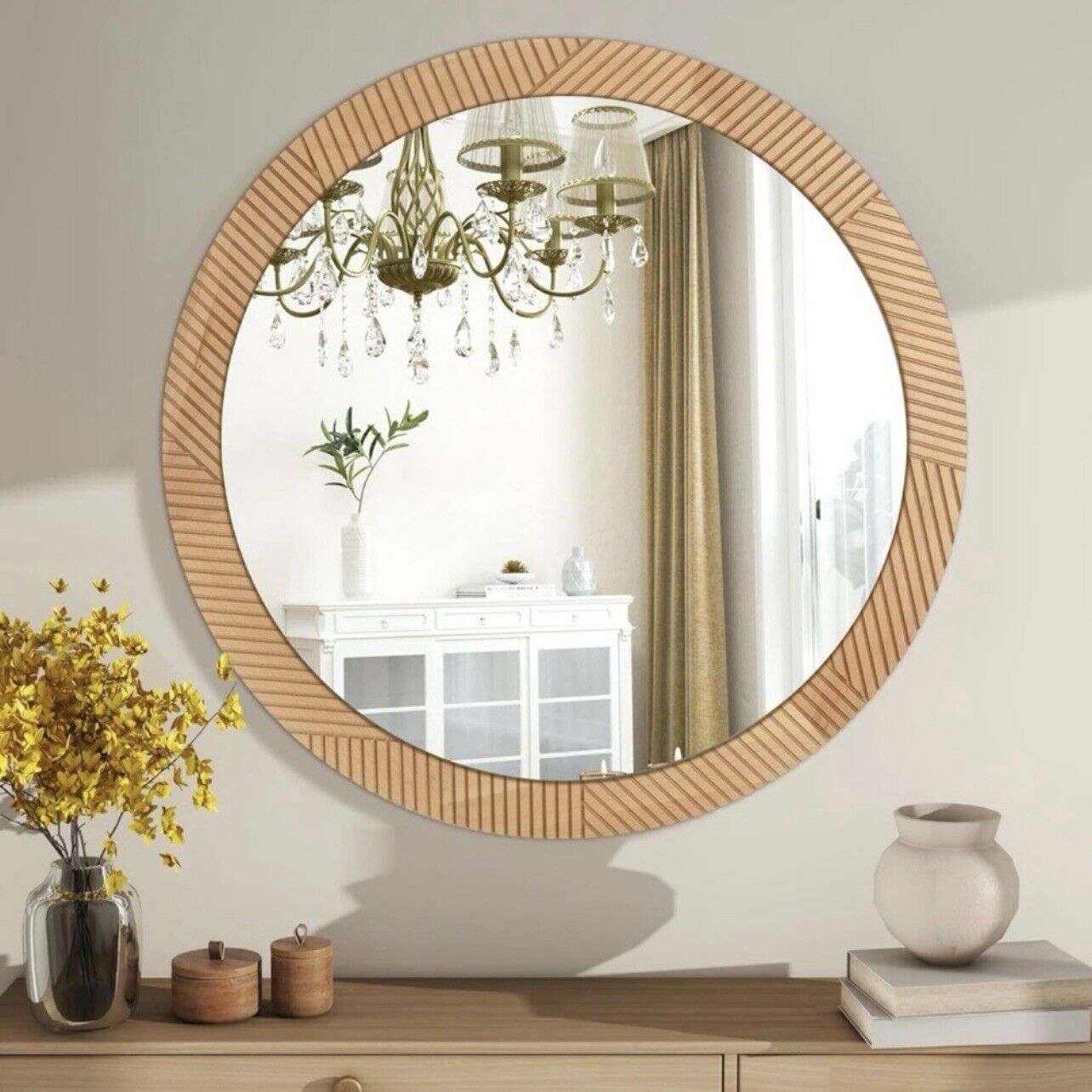 NEW West Elm Large Round Mirror Grooved Wood Boho Wall Hanging Decor - 24” Diam