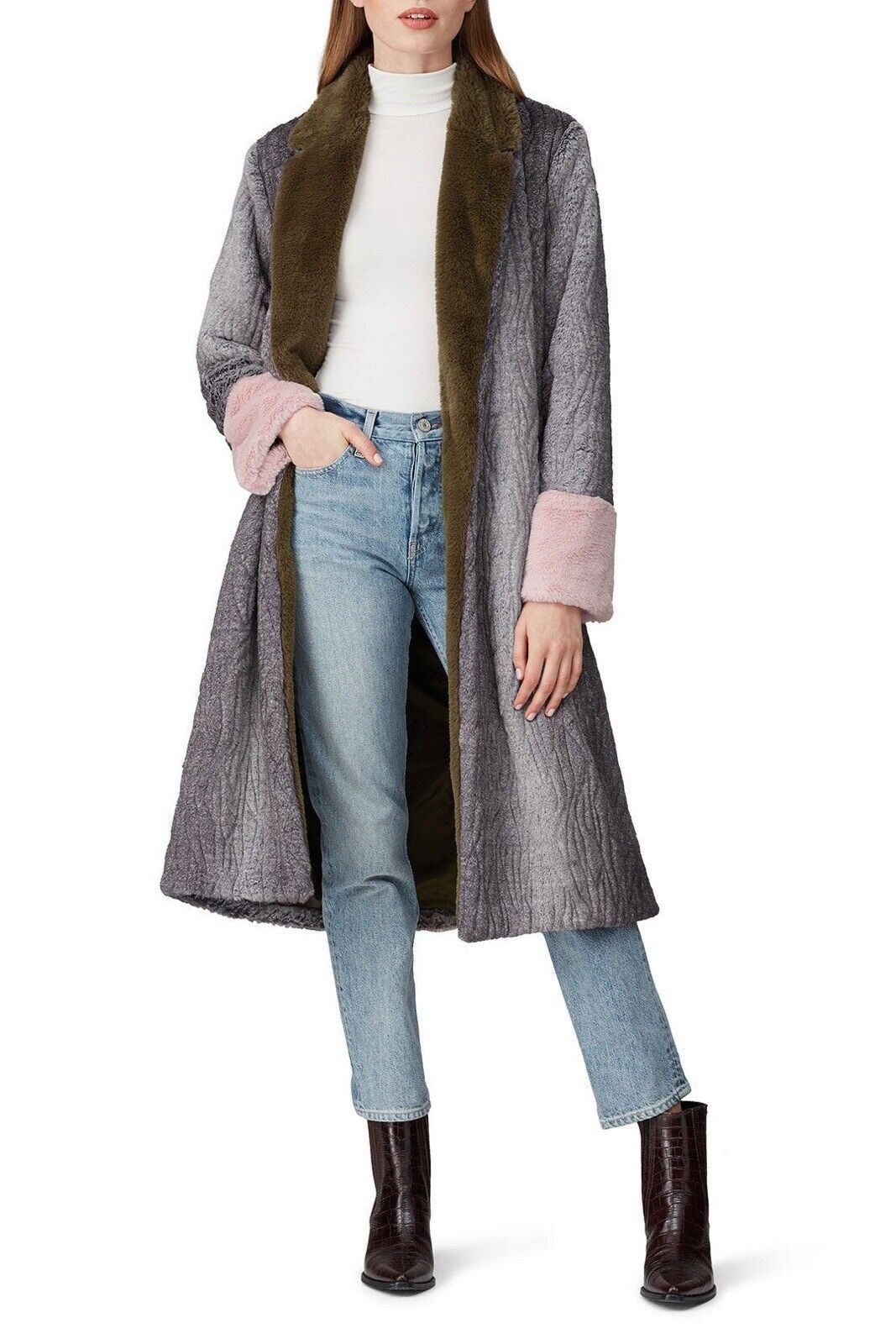 Hutch Boho Colorblock Grey Green Pink Long Faux Fur Trench Coat Jacket - Large