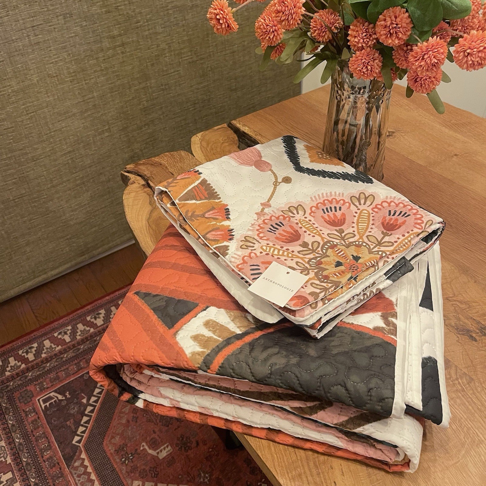 NEW Queen Abstract Floral Boho Reversible Quilt Bedspread Blanket Sham Set