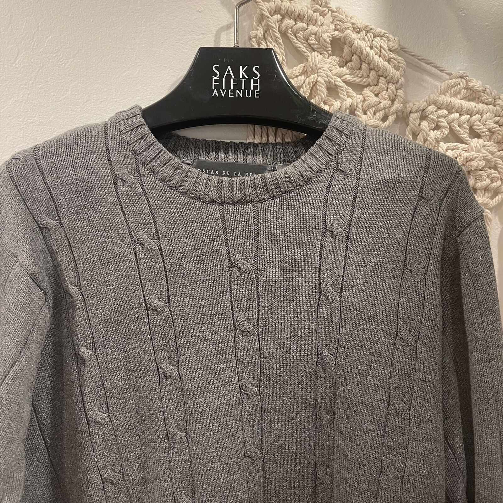 Oscar De La Renta Grey Cotton Cable Knit Sweater Shirt | Size Large