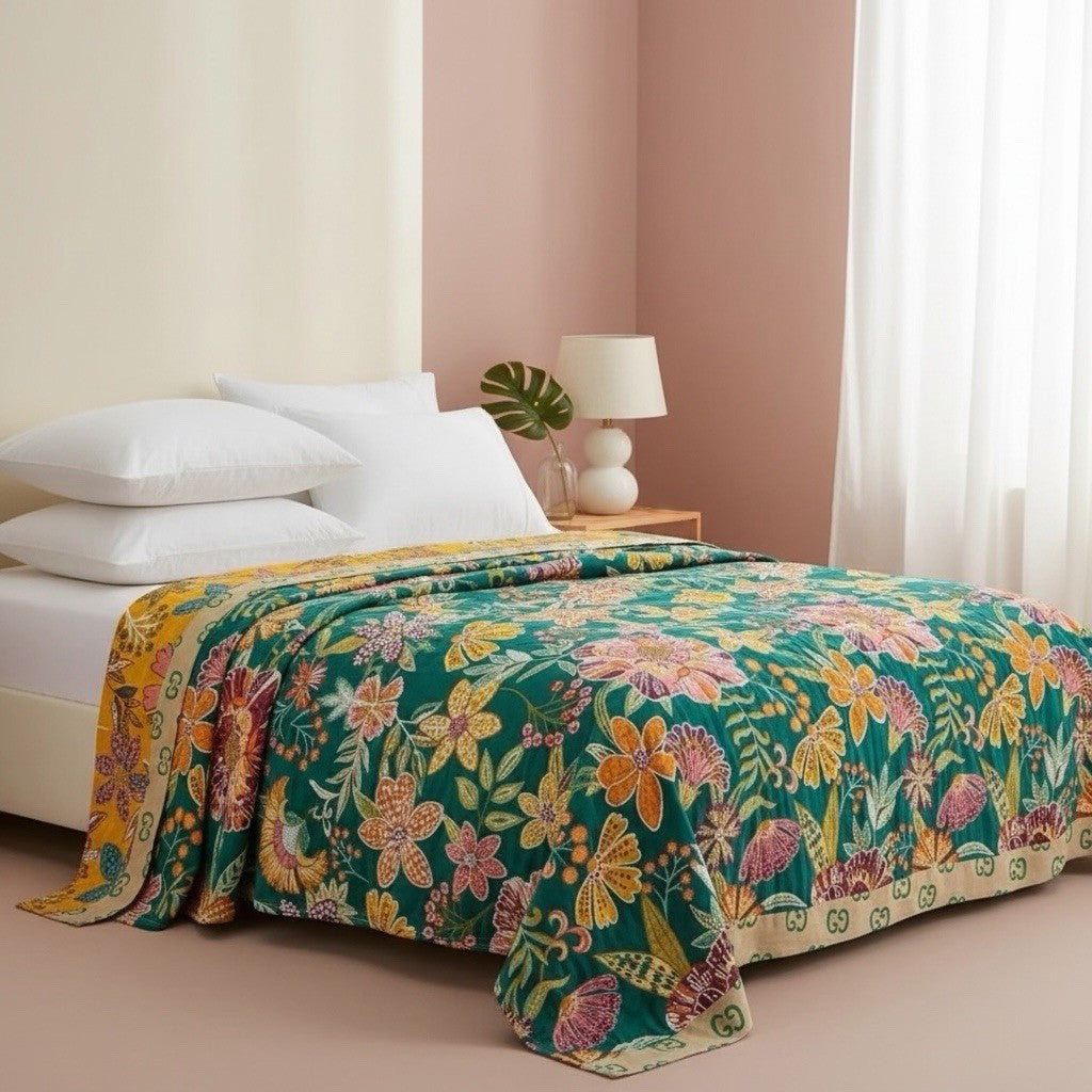 NEW Anthro Boho Teal Floral Reversible Queen Blanket Bedspread Quilt 80" x 90"
