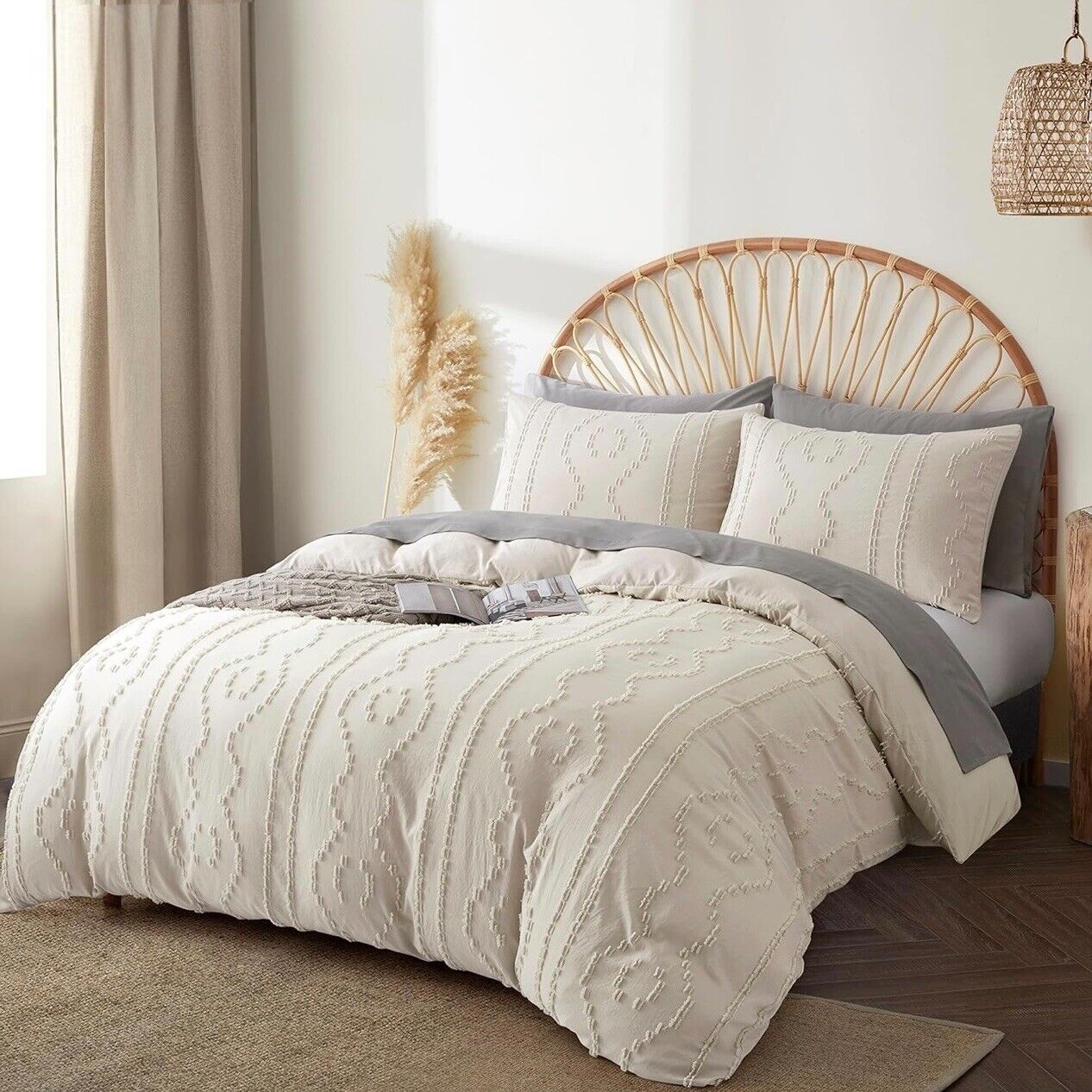 NEW Anthropologie Beige Boho King Size Tufted Fringe Bedding Duvet & Sham Set