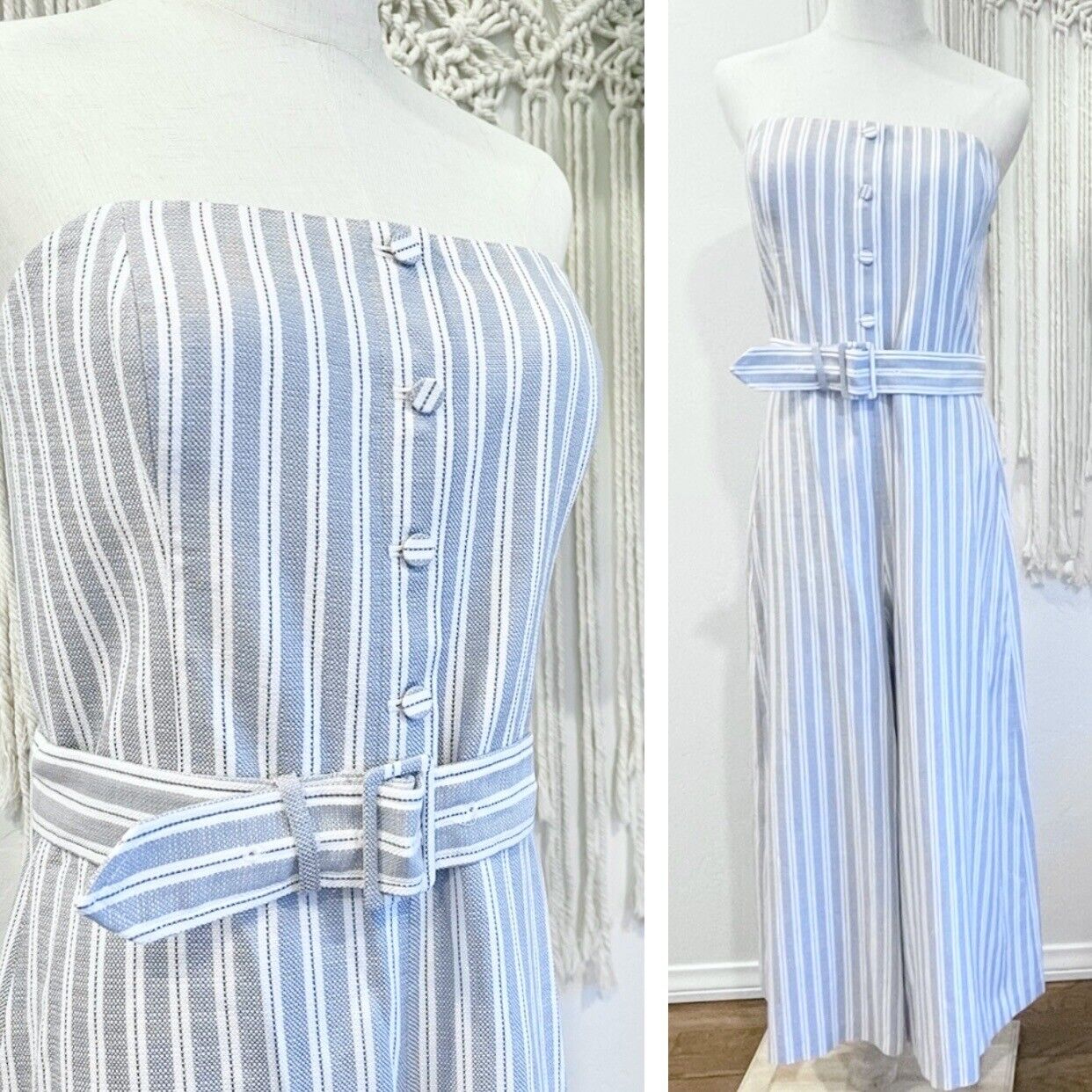 New $270 Club Monaco Blue & White Striped Linen Jumpsuit Romper Size 10 / Large