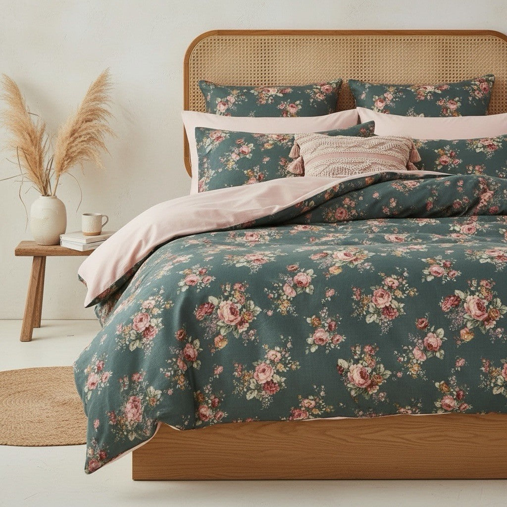NEW Anthro Green & Pink Floral Muslin Cotton Boho Queen / King Bedding Duvet Set