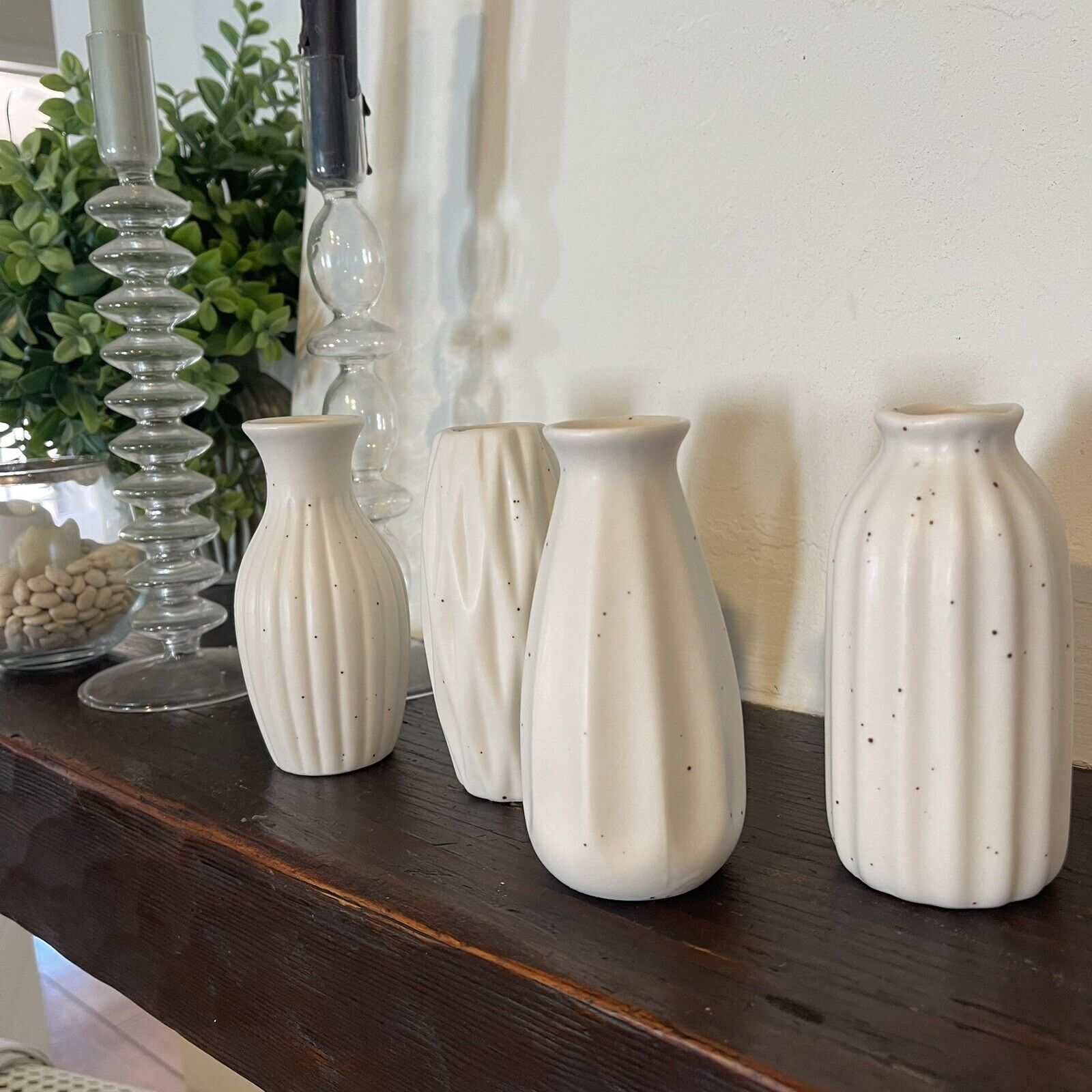 NEW West Elm (Set of 4) White Ceramic Stoneware Boho Flower Vases Home Decor