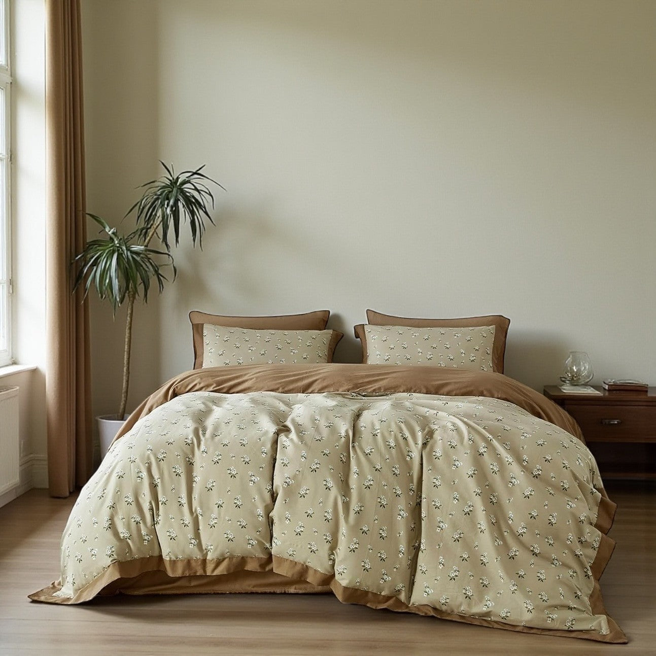 NEW Anthropologie Khaki Floral Vintage Queen King Cotton Bedding Duvet Sham Set