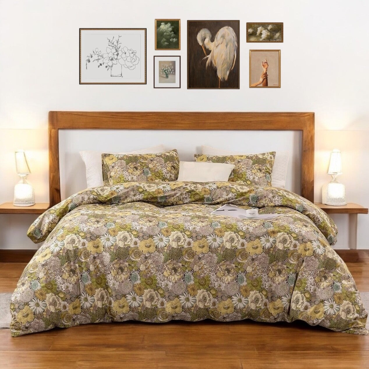 NEW Green & Yellow Floral Luxury Cotton Boho King Bedding Duvet & Sham Case Set