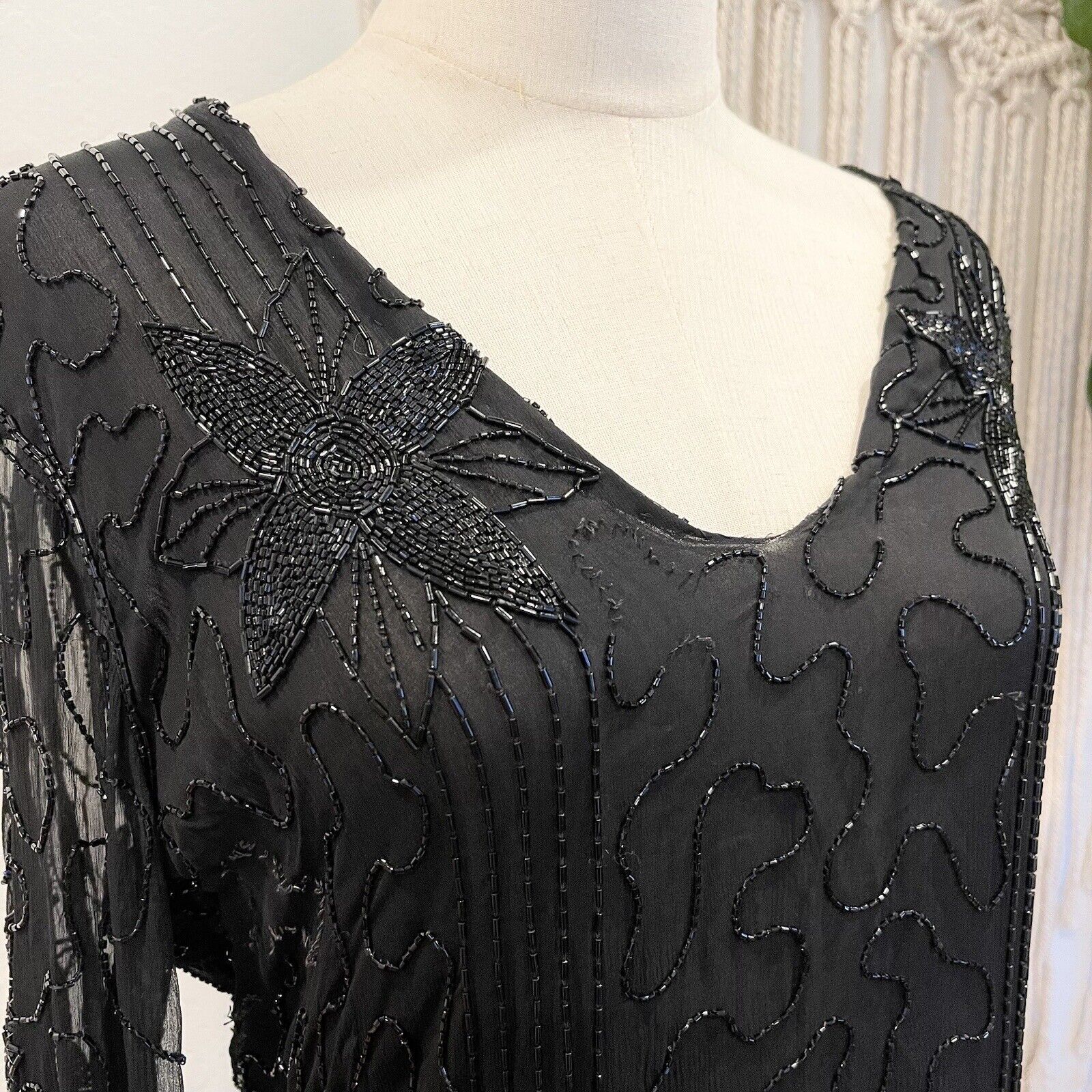 Vintage Saks Fifth Avenue Black Floral Beaded Sheer Tunic Sheath Dress - Large