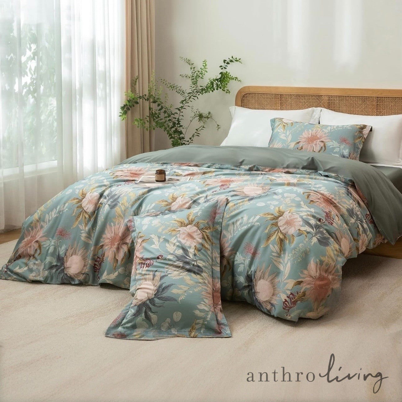 NEW Anthro Blue Floral Multicolor Full Queen King Cotton Bedding Duvet Sham Set