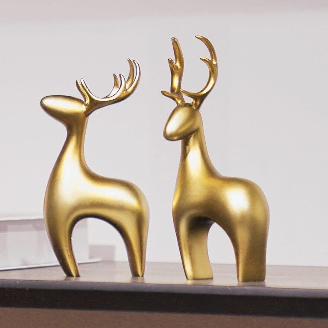 NEW Anthropologie Boho White Gold Resin Holiday Christmas Reindeer Figures Set 2